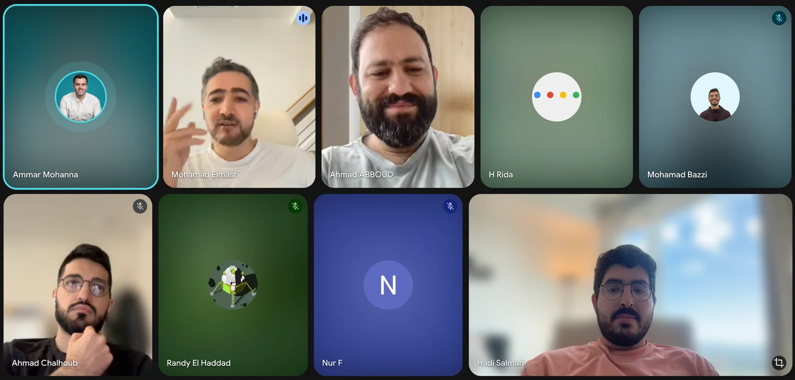 Grid view from the August Lebanese in AI video call with nine participant tiles