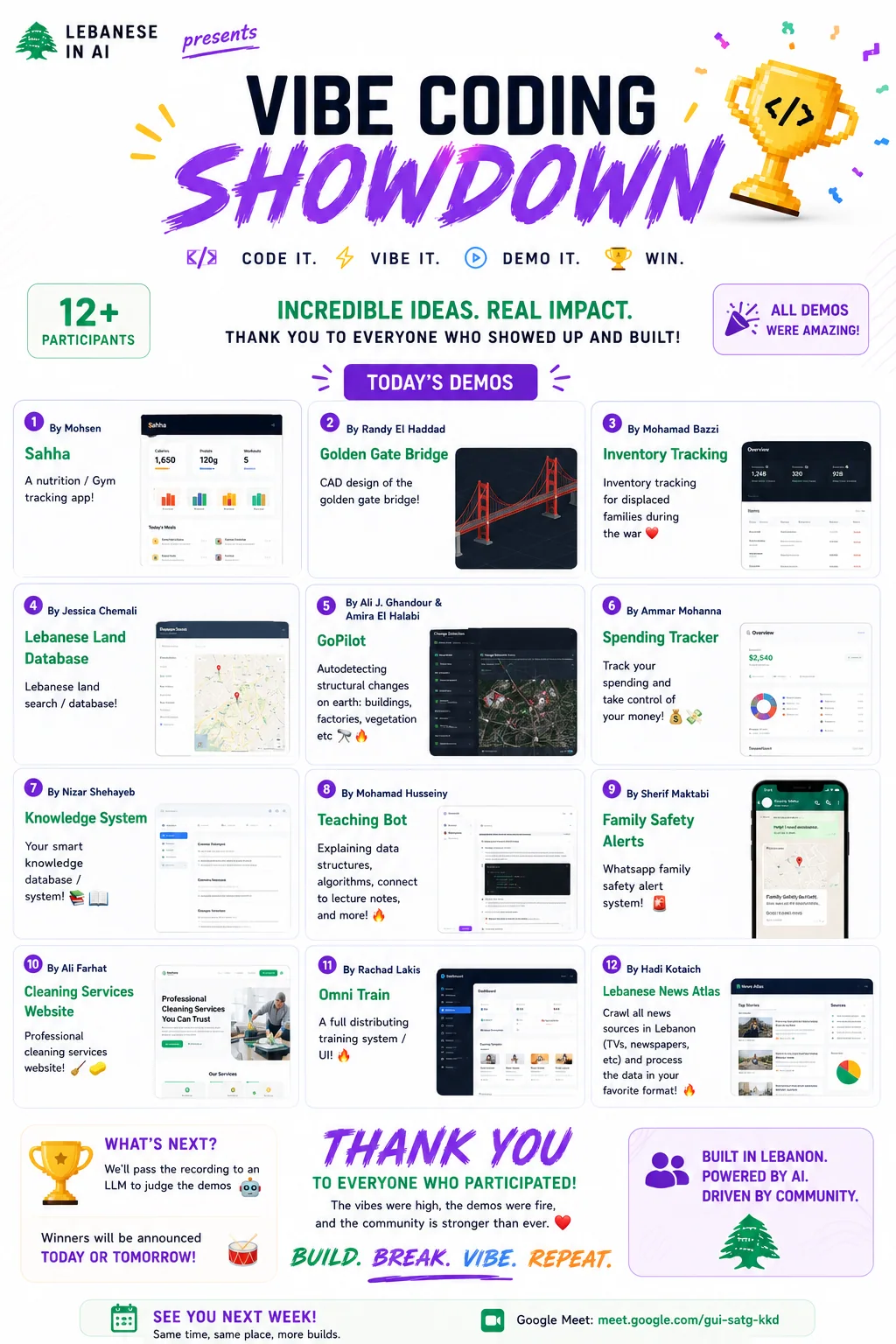 Poster listing twelve projects demonstrated at the Lebanese in AI Vibe Coding Showdown